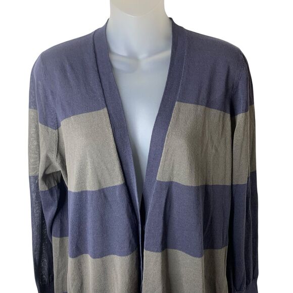 Brunello Cucinelli Striped Tunic Cardigan Sweater Women's XL Pockets Gray & Navy - Picture 3 of 15